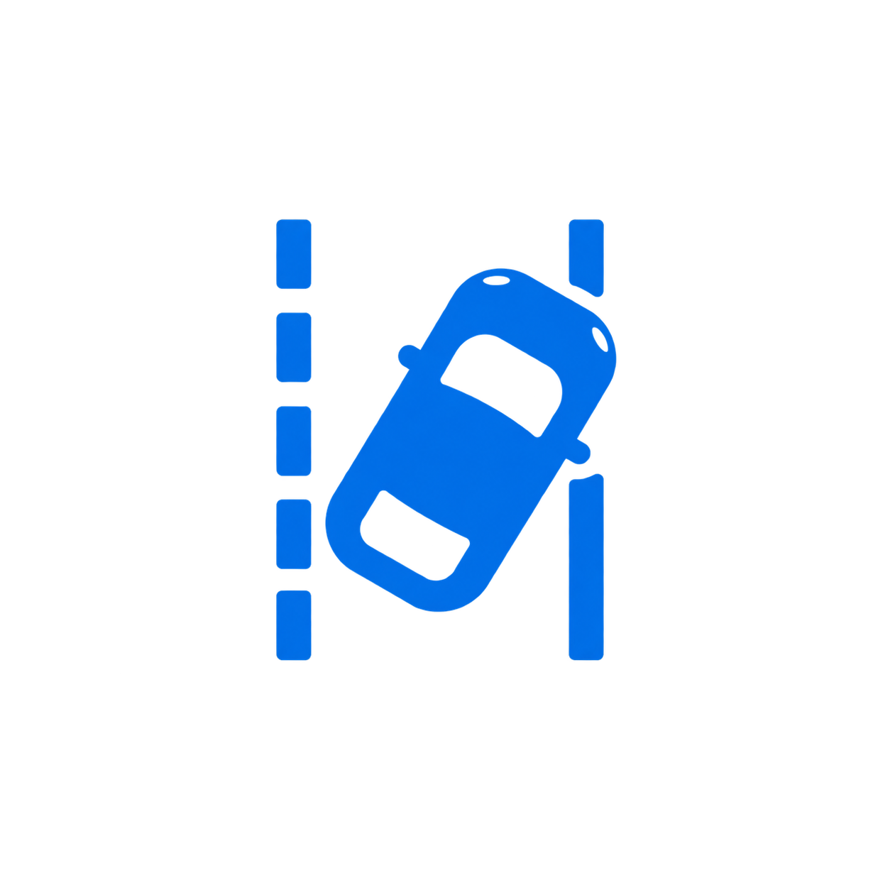 Top-down car positioned between lane markings, representing driver-assistance systems